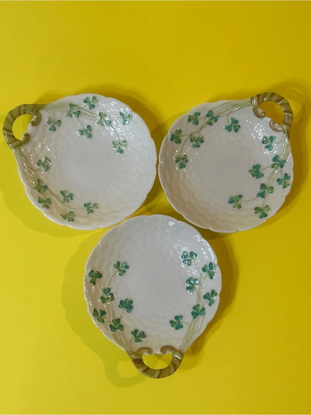 Set of 3 Belleek Shamrock Handled Butter Server Green Mark Spoon Rest - Candy